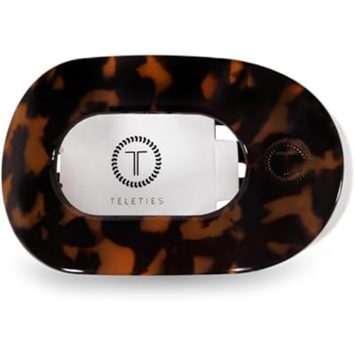TELETIES - Medium Flat Round Clip - Strong Grip, Bendable Teeth, Comfortable Curved Design - For Lying Down, Yoga, Driving & More - Ideal for Medium-Thick Hair - For All Hair Textures - Tortoise