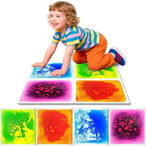 Toddlers Sensory Liquid Floor Tiles - 4 Pack Liquid Tiles for Kids Puzzle Play Mat & Motor Skills Development, Safe Non-Toxic Lava Sensory Mats for Classroom, Home, Daycare Gifts Toddlers with Autism