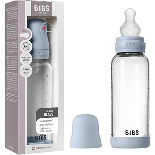 BIBS Glass Baby Bottle, 240 ml, 1-Pack, Silicone Nipple, Baby Blue