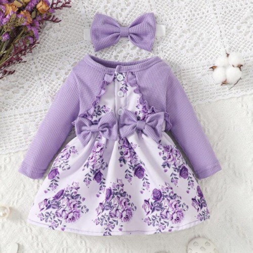 SHEIN Vintaside Kids Baby Girl Floral Print Bow Front Frill Trim Dress & Headband