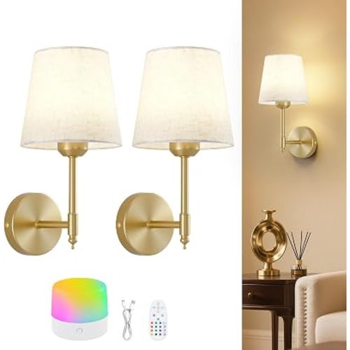 Gold Battery Operated Wall Sconces,Rechargeable Wireless Wall Lights with Lampshade,5200mAh Dimmable RGB Bulbs and Remote,15 Colors Cordless Wall Lamps for Bedroom,Living Room,Hallway Decor