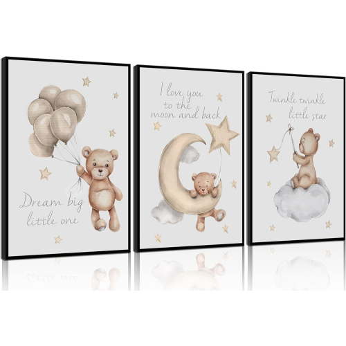 Nursery Teddy Bear Wall Hieng Cute Little Bears Wall Decor Slepping Teddy Bears Posters Prints Moon Star Cloud Neutral Nursery Canvas Pictures for Kid's Room or Bedroom Painting