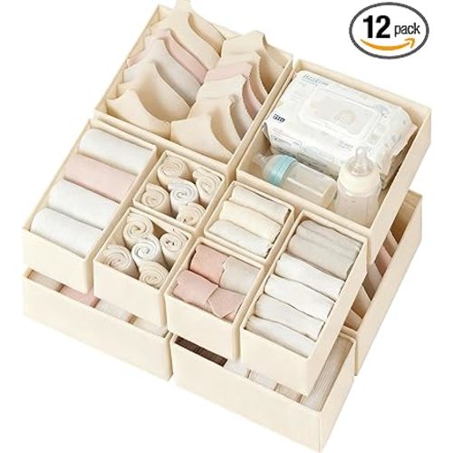 Criusia Drawer Organizer Clothes 12 Pack, Dresser Organizer for Nursery Bedroom Closet Organization and Storage - Baby Clothes Organizer Bins - Drawer Divider for Sock Underwear Bra Ties (Beige)