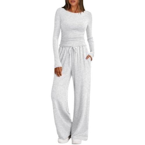 Trendy Queen Women's 2 Piece Matching Lounge Set Boat Neck Slim Fitted Top Wide Leg Pants Casual Tracksuits