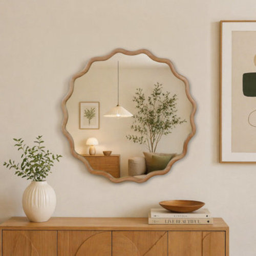 Dakota Fields Wavy Round Solid Wood Frame Decorative Mirror | Wayfair