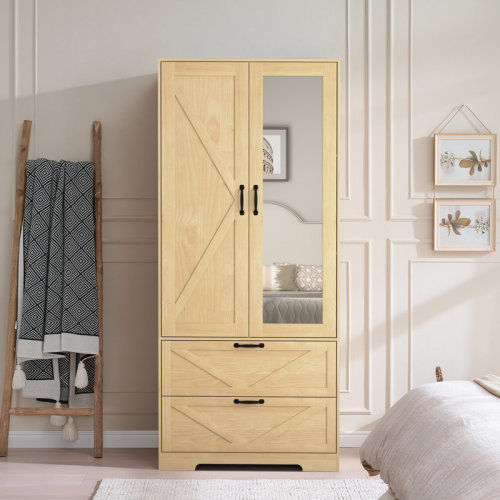 Gracie Oaks 2 Door Wood Wardrobe For Bedroom With Hanging Clothing Rod | Wayfair
