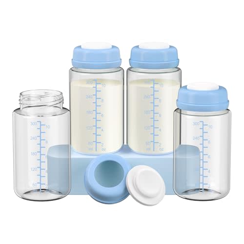 4 Pack 10oz Wide-mouth Breastmilk Storage Bottle for Momcozy 22oz Portable Breast Milk Cooler, Pumping Storage Containers Compatible with Spectra S1/S2/9 Plus/SG/Motif Luna (4PC/Blue Lids)