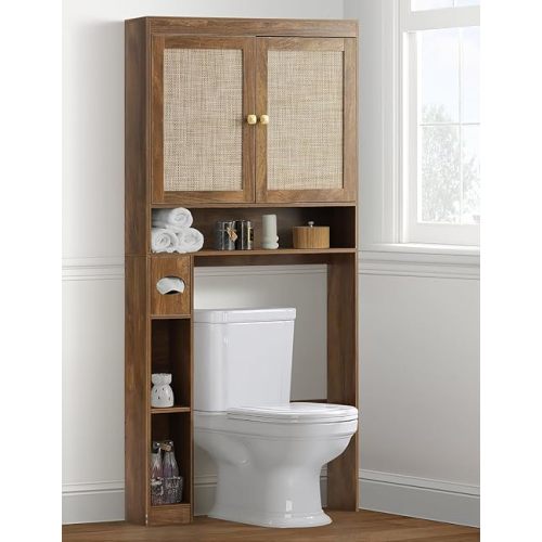 Over The Toilet Storage Cabinet, Over Toilet Bathroom Organizer with Double Doors and Adjustable Shelf, Freestanding Home Space Save Toilet Rack (Rustic Brown, Double Doors)