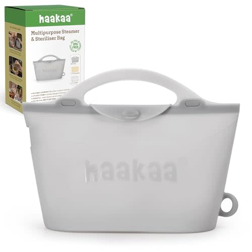 Haakaa Silicone Microwave Steamer & Steriliser Bag, 70oz/2000ml Large Capacity Reusable Steaming Bags for Baby Bottles, Breast Pump, Accessories, Pacifiers,Teethers, Great for Home&On The Go, Grey/1PC