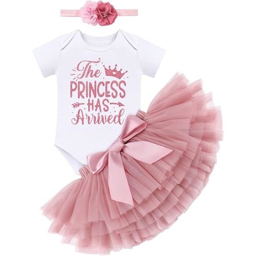 Newborn Baby Girls Coming Home Outfit Princess Romper + Tutu Skirt + Flower Headband Shiny Clothes Set for Photo Shoot