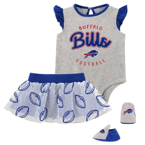 Girls Infant Buffalo Bills Heather Gray/Royal All Dolled Up Three-Piece Bodysuit, Skirt & Booties Set