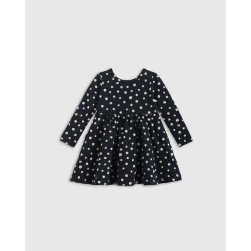 Organic Cotton Long Sleeve Skater Dress  - Baby Girl in Black Dot