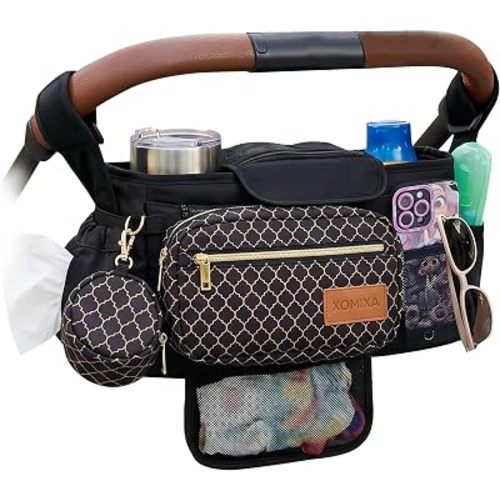 Stroller Organizer with Cup Holders – 9-in-1 Universal Baby Stroller Caddy with Multiple Pockets, Detachable Pouch & Pacifier Bag, Hooks & Adjustable Reflective Straps, Fits Most Strollers.