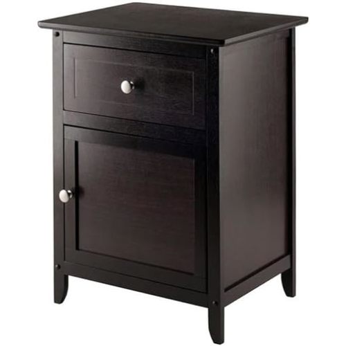 Pemberly Row Transitional Solid Wood Nightstand, 25" H x 18.9" W x 14.96" D, Espresso Finish, 1 Drawer and Cabinet with Satin Nickel Knob, Bedroom Storage for Home