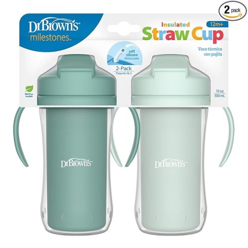 Dr. Brown's Milestones Insulated Sippy Cup with Straw and Handles, Spill-Proof Tumbler with Lid, 2-Pack, Green, 10 oz/300 mL, BPA Free, 12m+