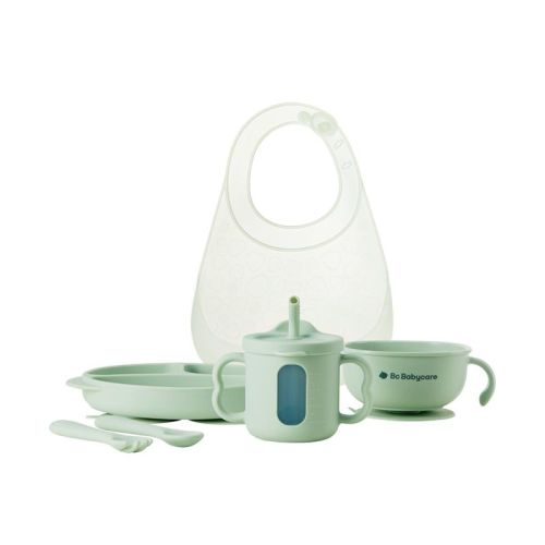 Bc Babycare Baby Toddler Silicone Feeding Set 6 pc Self Feeding Utensils with Plate Bowl Cup Bib Spoon Fork Green