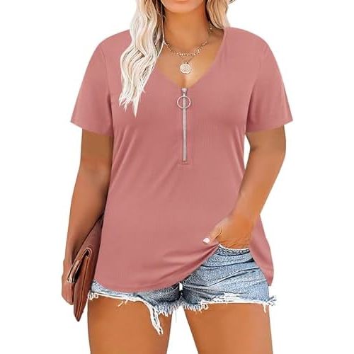 TIYOMI Plus Size Tops for Women Short Sleeve Sexy V Neck Shirts Plain Basic Solid Color Tunic Spring Summer XL-5XL 14W-28W