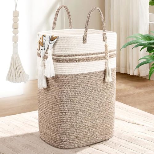 65L Woven Laundry Basket for Clothes, Large Rectangle Laundry Hampers with Beads Tassel, Nursery Storage Basket for Toys, Tall Dirty Clothes Hamper for Bedroom Aesthetic, Laundry Room Organization