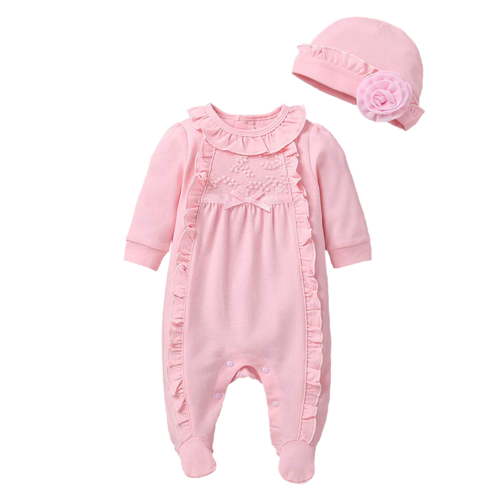 Springcmy 2Pcs Newborn Baby Girl Clothes 3D Flower Romper Jumpsuit Long Sleeve Ruffled Footie Bodysuit Hat Outfit Gifts Set Pink 0-2 Months