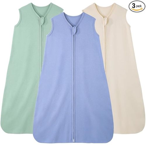 Baby Sleep Sack 0-6 Months, 100% Cotton Sleeping Sack for Newborn and Infant, 3 Pack Baby Wearable Blanket, 0.5 Tog Lightweight Double Zipper Sleep Bag Apricot