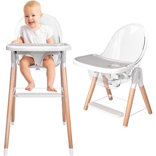 Children Of Design Classic Non-Reclinable 6 in 1 Baby High Chair for Babies and Toddlers, Modern Safe & Compact Wooden Highchair, Easy to Clean, Removable Tray, Easy to Assemble