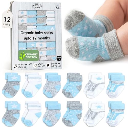 Organic Cotton Blend 12 Socks Baby Infant 0-6 M Shower Registry | Oeko-Tex Certified, Ankle Socks, 12 Pairs, Baby Socks Newborn, Newborn Socks Girl, Blue- Grey- White Socks, Unisex Design