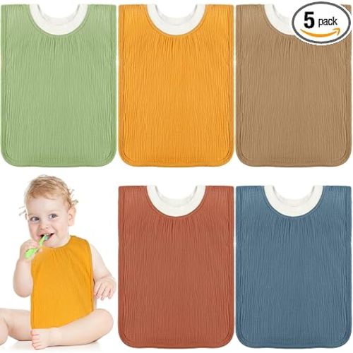 Newwiee 5 Pcs Large Muslin Pullover Baby Bibs Full Coverage Toddler Slip on Absorbent Bib Waterproof Toddler Towel Bibs (Classic Color)