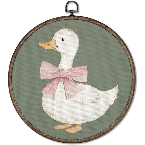 GWFSJYU Sage Green Duck Framed Wall Art, Duck Nursery Decor, Vintage Animal Ducks Round Canvas Prints Wall Art, Pink Bow Ducks Wall Hanging Decor For Bathroom Bedroom Nursery, 10x10inch