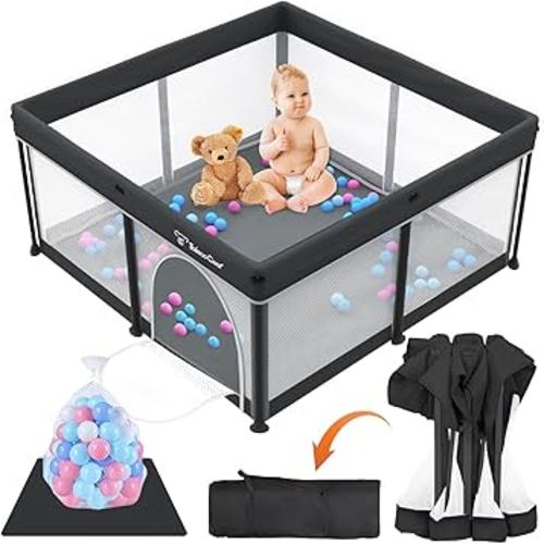Taleco Gear Foldable Baby Play Pen with Mat, 50''x50'' Playpen for Babies and Toddlers, Playpen for Baby with Gate, Breathable,Foldable Travel Play Pen with 50 Ocean Balls