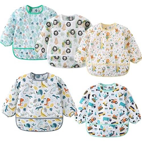 5 Pack Long Sleeve Bib,Baby Toddler Waterproof Sleeved Bib for 6-30 Months Reusable with Catch-all Pocket