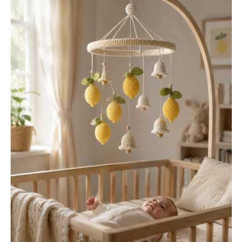 Handcrafted Ceramic Lemon Baby Mobile, Soothing Chime Crib Hanging, Nursery Fruit Art