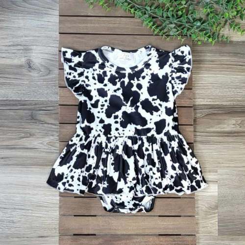 Baby Girl Cow Print Flutter Sleeve Skirted Romper