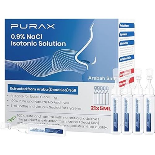 PURAX Saline Solution 0.9%,Nasal Cleanse for Babies, Kids and Adults, Isotonic Saline Solution for Eye Care, Wound Cleansing - 21 Count (5ml Each)