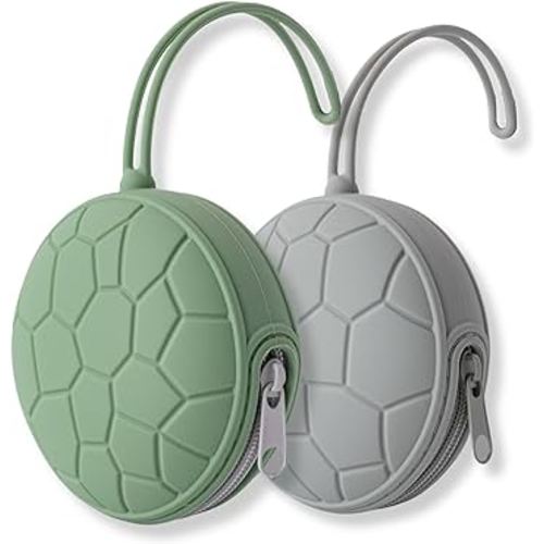Silicone Pacifier Holder 2 Pack, Soother Case, Soother Pouch BPA Free Silicone, With Secure Zipper & Strap, o1baby (Olive, Grey)