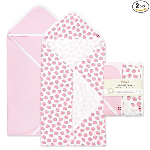 Zutano Hooded Baby Towels, Organic Cotton Baby Bath Towel, Ultra Soft and Absorbent Baby Towel for Newborn and Infant | Girl, Boy, and Unisex Towel Set, Strawberries, 2-Pack