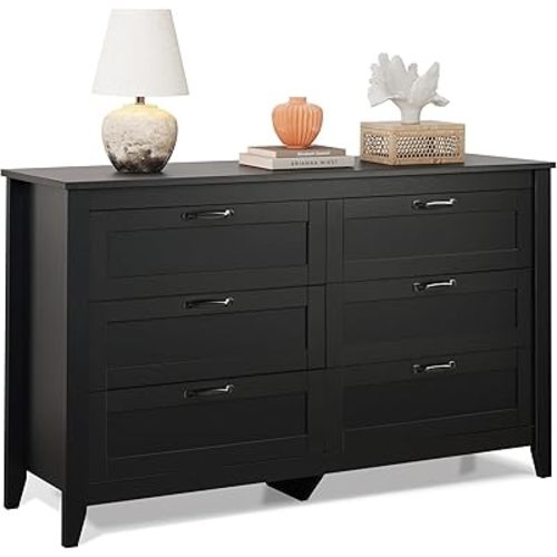 WLIVE Black Dresser for Bedroom, Chest of Drawers with Metal Handle, 6 Drawer Double Wood Dresser for Bedroom, Living Room, Large Storage Cabinet