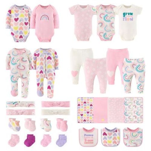 The Peanutshell Pretty Sweet Layette Baby Clothing Set for Girls, 30-Pieces, Pink, Lavender, 0-3 Months