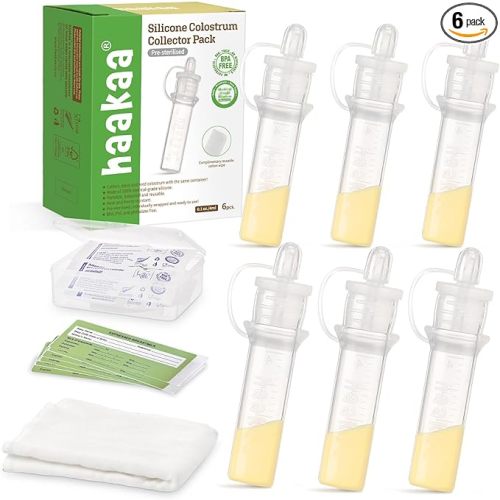 haakaa Colostrum Collector with Storage Case Set, Included 1 pc Reusable Cotton Wipe and Storage Box (0.1oz/4ml, 6 pcs)