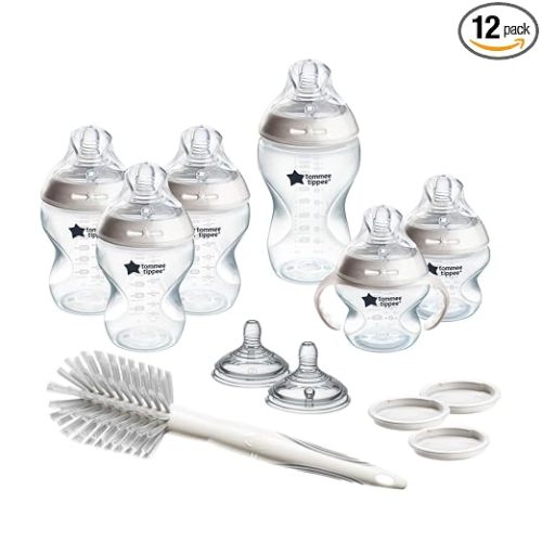 Tommee Tippee Natural Start 12 Piece BPA Free Bottle Set, Includes 2 x 5 oz, 3 x 9 oz, 1 x 11 oz Bottles, Newborn 0+ Months, Slow, Medium & Thicker Flow Breast-Like Nipples, Cleaning Brush, Clear
