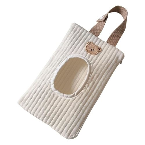 Quilted Baby Diaper and Wipes Pouch Portable Mommy Bag for Stroller Reusable Wipes Pouch with Lanyard for Casual Travel (White Bear)
