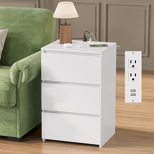 FOTOSOK White Nightstand, 26" H White Night Stand with Charging Station, White Nightstand with USB Ports & Power Outlets, Silent Slides, Wooden End Side Table Bedside Table with 3 Drawers for Bedroom