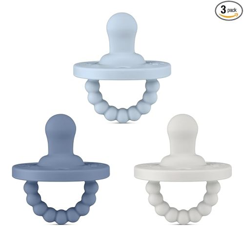 Ryan & Rose Cutie PAT All-in-One Pacifier and Teether Massaging Teething Ring and Hideaway Binky for Growing Babies (Prep (3 Pack), Flat)