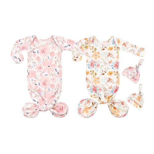 Vollmic Newborn Baby Knotted Gown Sleeper Gown with Mittens Long Sleeve Nightgown Baby Coming Home Outfit with Hat 2 Pieces