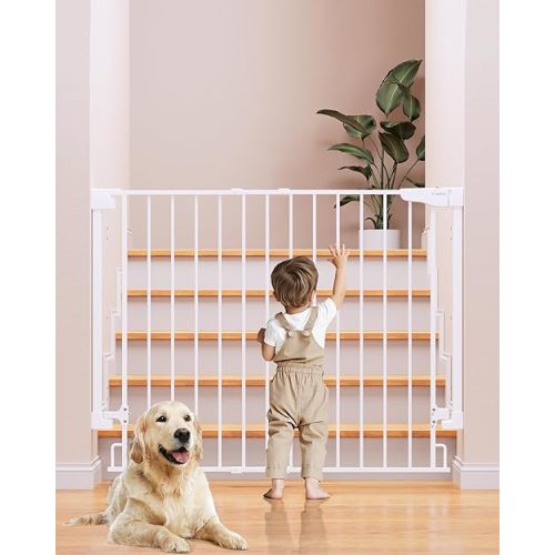 Cumbor 34" Extra Tall No Bottom Bar Baby Gate for Stairs, Wall Mounted Dog Gate Indoor for Larger Pets, Expandable 29.2-43" Safety Gate for Doorways, Wide Walk Thru Door for Easy Access (White)