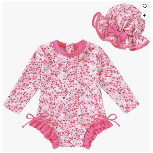 Infant Baby Swimsuit Girl Long Sleeve UPF 50+ Sun Protection One-Piece Rash Guard with Hat Zipper Bathing Suit