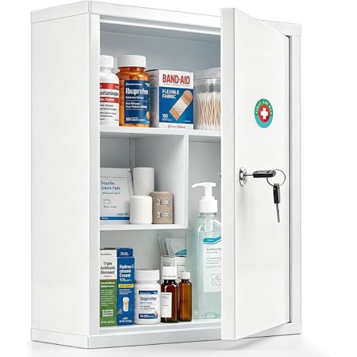 KYODOLED Wall Mount Locking Medicine Cabinet, Large Capacity First Aid Cabinet for Bathroom, Medicine Cabinet with Key, Secure Steel Lock Box for Medication, 15.75" H x 11.82" W x 4.72" D, White
