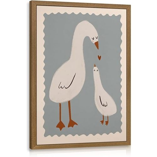 LERVR Wood Framed Funny Goose Nursery Wall Art, Cute Animal Nursery Decor, Mother and Baby Goose Illustration Poster Print, Minimalist Neutral Aesthetic Picture for Kids Room Bedroom 12x16 Inch