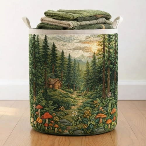 Forest Cabin Quilted Laundry Basket, Woodland Fabric Hamper for Bathroom, Bedroom or Rustic Home Decor