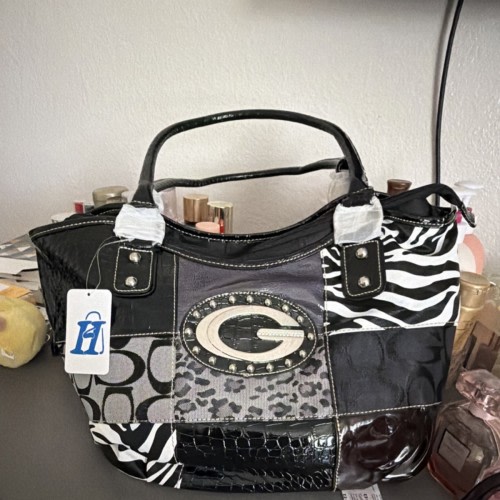 Patchwork Animal Print Satchel Top Handle Bag, Medium, Zip, Detach Strap