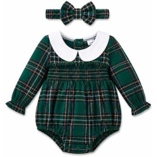 Renotemy Baby Girl Clothes Smocked Bubble Romper with Headband Peter Pan Collar Infant Fall Winter Outfit for Preemie Newborn